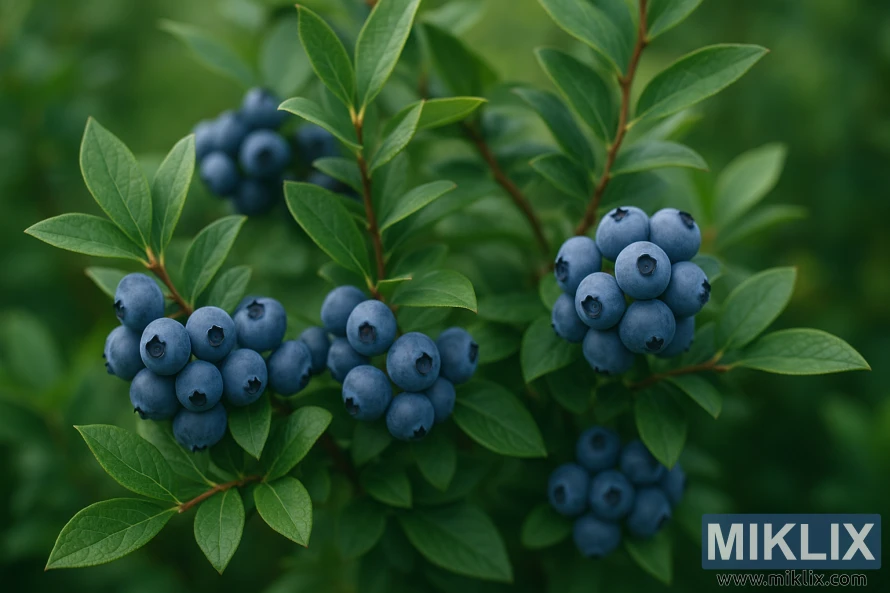 A Northern Highbush blueberry bush with clusters of ripe blue berries surrounded by green leaves in natural light.