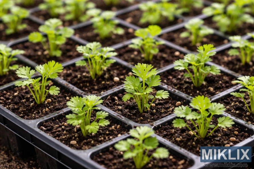 Pamje nga afër e fidanëve të rinj të selinosë që rriten në qeliza individuale të një tabaka plastike të zezë me farëra, me gjethe të gjelbra të ndritshme që dalin nga toka e errët dhe e lagësht.