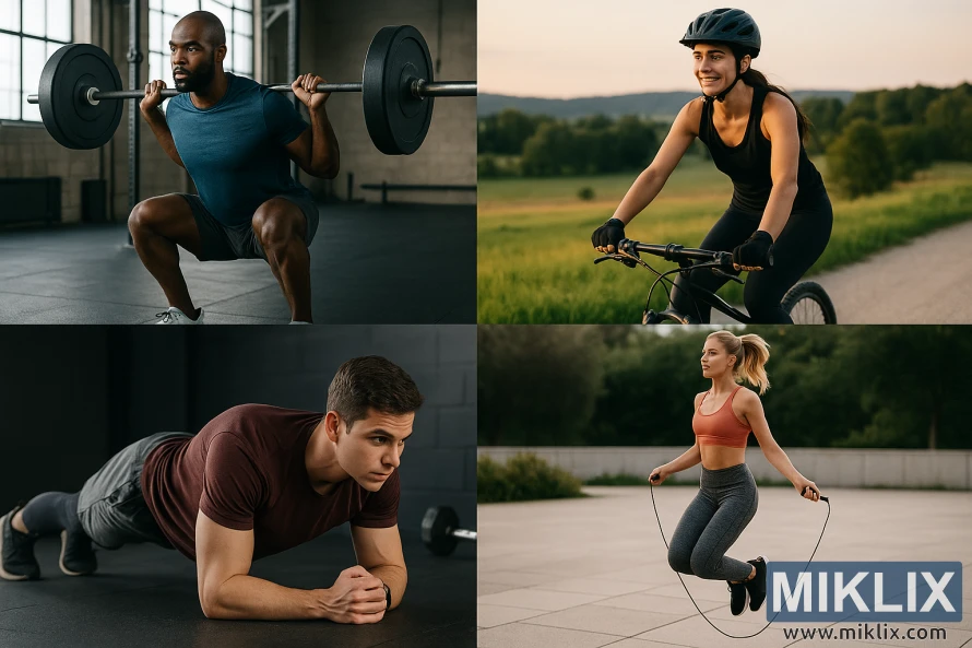 Koláž štyroch typov cvikov: vzpieranie, cyklistika, plank a švihadlo. Koláž štyroch typov cvikov: vzpieranie, cyklistika, plank a švihadlo.