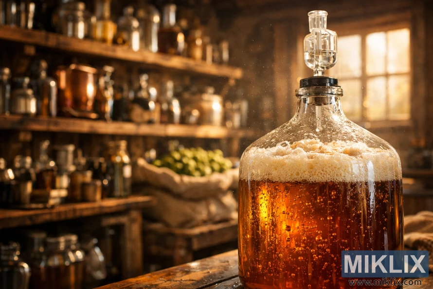 Glass fermenter filled with bubbling amber ale in a warmly lit brewery, with wooden shelves, brewing equipment, hops, and soft sunlight streaming through a rustic window. Glass fermenter filled with bubbling amber ale in a warmly lit brewery, with wooden shelves, brewing equipment, hops, and soft sunlight streaming through a rustic window.