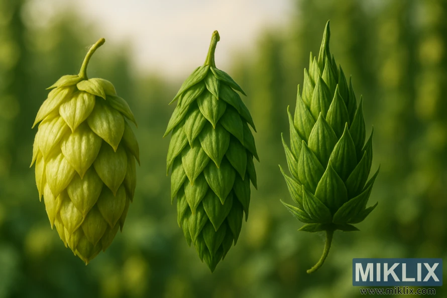 Nærbilde av tre Hallertau-humlekongler i varmt sollys med en uskarp humlebakgrunn som fremhever tekstur og farge.