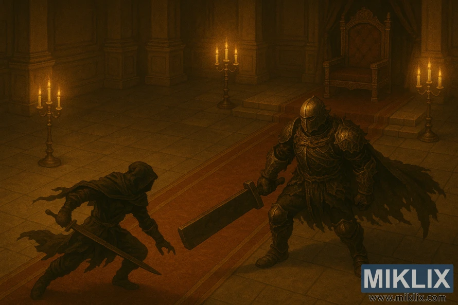 Anime-style illustration of the Tarnished in Black Knife armor facing Elemer of the Briar with a broad greatsword in a candlelit throne room.