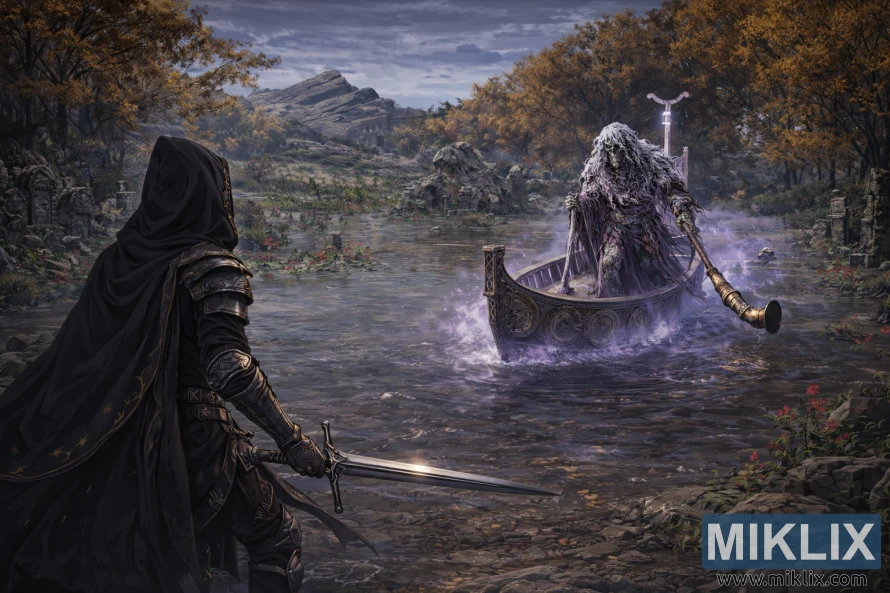 Anime fantasy scene of a hooded black-armored warrior with a sword on the left facing a ghostly skeletal boatman in a misty flooded ruin with autumn trees. Anime fantasy scene of a hooded black-armored warrior with a sword on the left facing a ghostly skeletal boatman in a misty flooded ruin with autumn trees.