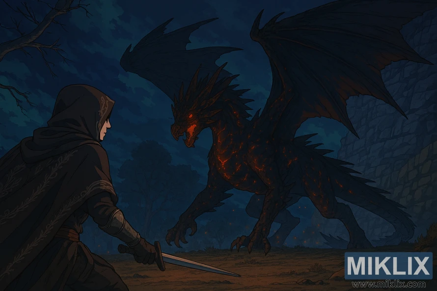 Fanowska grafika w stylu anime przedstawiająca zbroję Tarnished in Black Knife stojącą naprzeciw latającego Lichdragona Fortissaxa w Głębinach Elden Ring