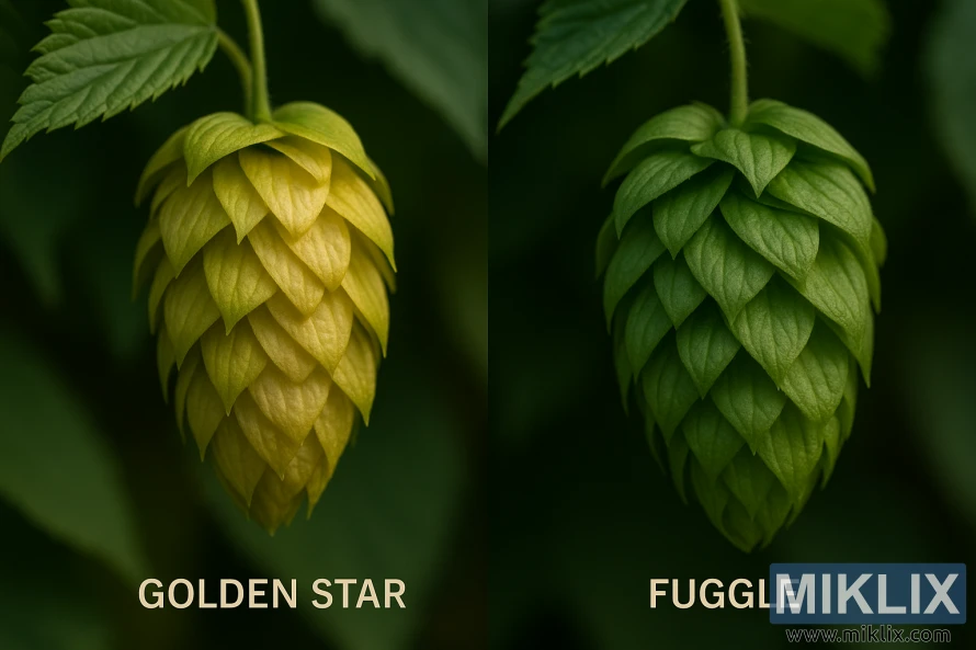 Снимка отблизо на две шишарки от хмел, Golden Star в златистожълто и Fuggle в зелено, подчертаваща техните текстури и разлики. Снимка отблизо на две шишарки от хмел, Golden Star в златистожълто и Fuggle в зелено, подчертаваща техните текстури и разлики.