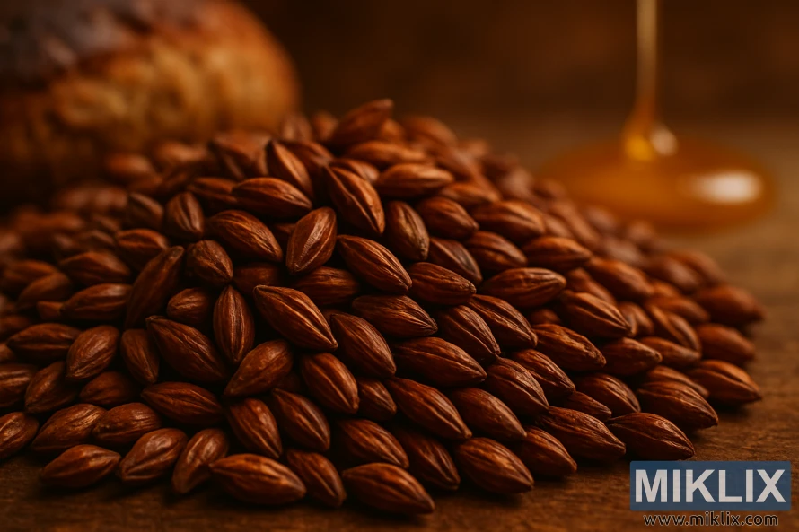 Krupni plan zrna melanoidinskog slada crvenkastosmeđe nijanse i tostirane teksture na toplom svjetlu.