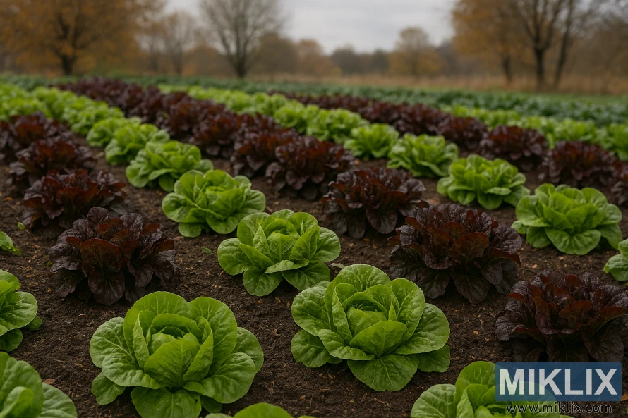 Landscape photo of mature green and burgundy lettuce plants growing in neat rows in a fall garden