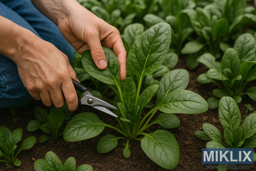 Руки собирают зрелые внешние листья шпината садовыми секаторами, оставляя внутренние листья нетронутыми, чтобы они продолжали расти. Руки собирают зрелые внешние листья шпината садовыми секаторами, оставляя внутренние листья нетронутыми, чтобы они продолжали расти.