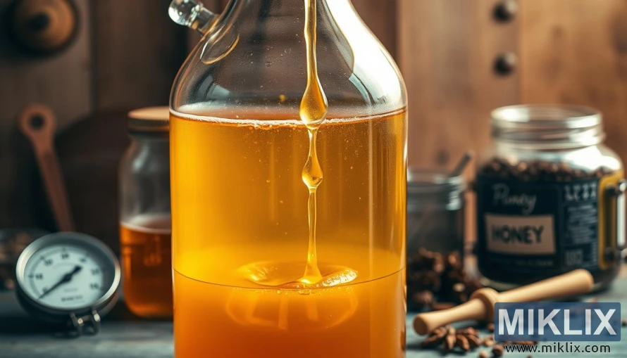 Glasscarboy av honninginfundert øl med honning dryppende i, omgitt av bryggeverktøy og krydder. Glasscarboy av honninginfundert øl med honning dryppende i, omgitt av bryggeverktøy og krydder.