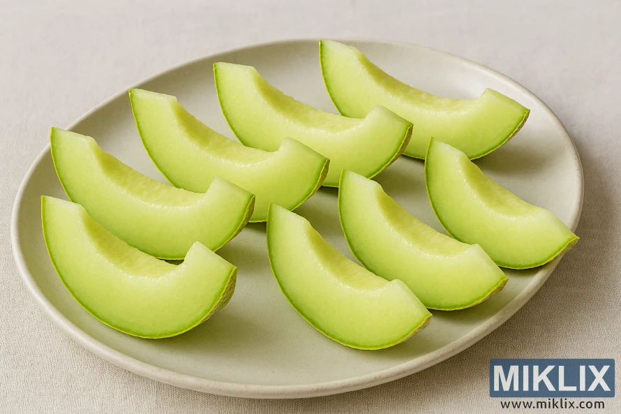Neatly arranged honeydew melon slices on a ceramic serving platter Neatly arranged honeydew melon slices on a ceramic serving platter