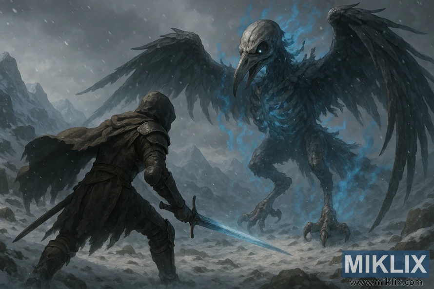 Isigcawu sangempela sephupho leqhawe elihlomile elibonwe ngemuva libhekene nenyoni ewuhlaka lwamathambo embozwe ilangabi eliluhlaza okwesibhakabhaka ezintabeni ezineqhwa.