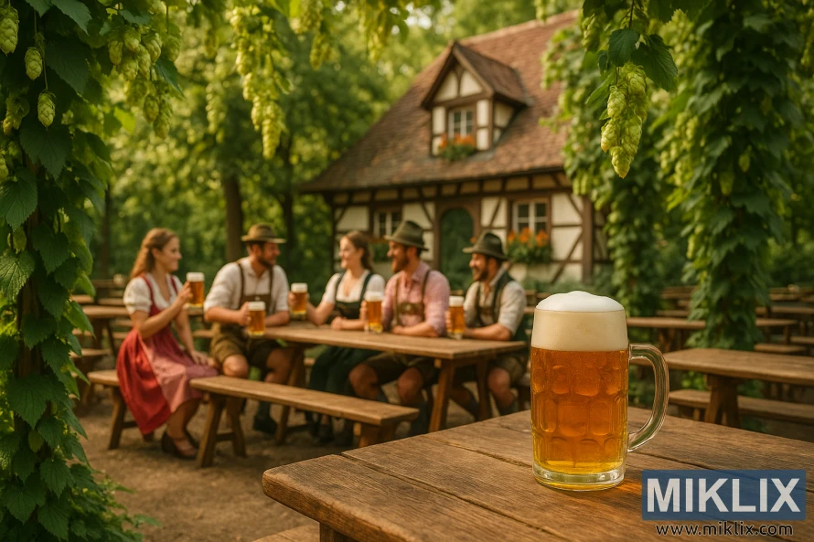 A group of friends in Bavarian attire enjoying beer at a rustic outdoor biergarten, with a frothy mug of lager in the foreground and a half-timbered house in the background. A group of friends in Bavarian attire enjoying beer at a rustic outdoor biergarten, with a frothy mug of lager in the foreground and a half-timbered house in the background.