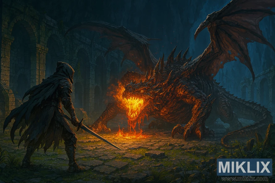 Sanaa ya mashabiki wa mtindo wa anime ya silaha ya kisu cheusi iliyochafuliwa inayomkabili Magma Wyrm Makar katika magofu ya pango