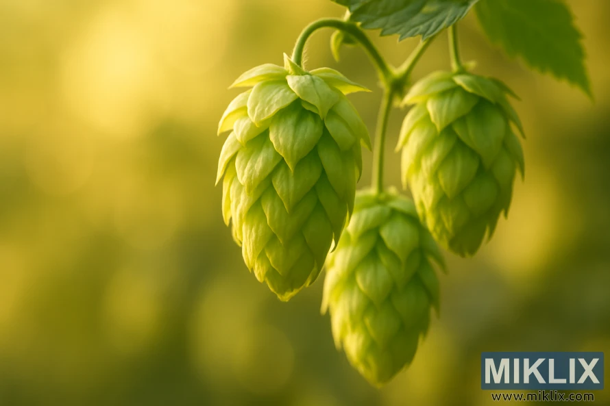 Close-up of fresh green hop cones backlit by warm golden light with a soft bokeh background.