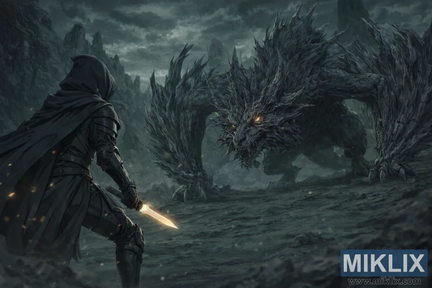 Anime-style fan art showing the Tarnished in Black Knife armor facing a massive jagged beast in a dark, green-gray wasteland just before combat.