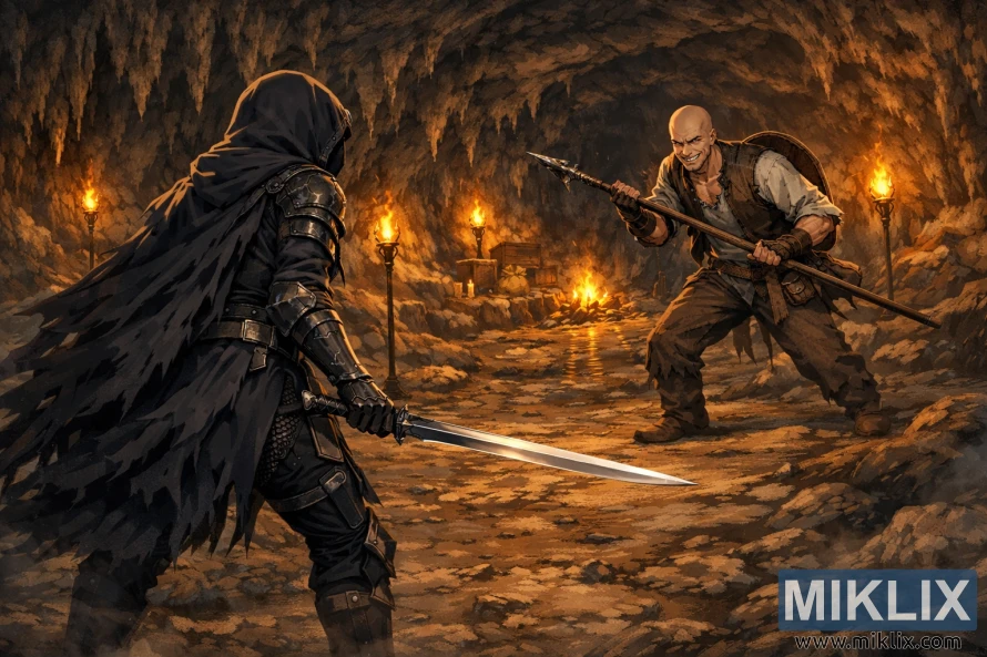 Anime style fantasy scene of the Tarnished seen from behind on the left facing Patches with a spear in a torchlit cave before battle.