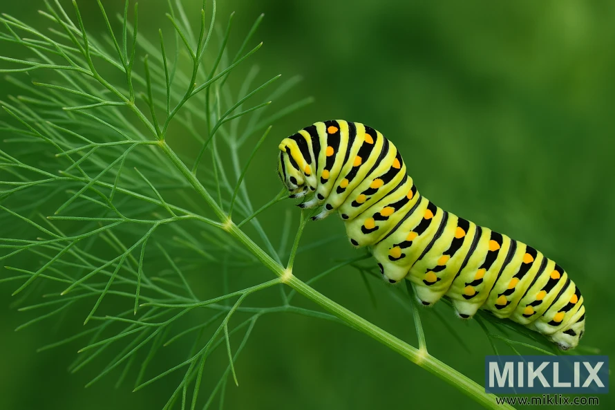 A black swallowtail caterpillar clings to a fennel stem amid feathery green leaves.