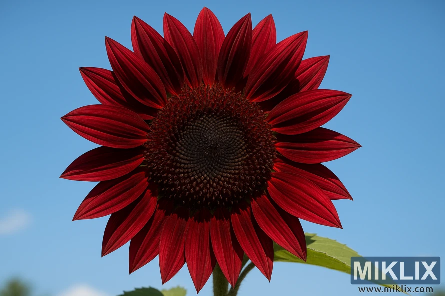 Nahaufnahme einer Moulin Rouge-Sonnenblume mit tief burgunderroten Blütenblättern und einer dunklen Mitte vor einem klaren blauen Himmel. Nahaufnahme einer Moulin Rouge-Sonnenblume mit tief burgunderroten Blütenblättern und einer dunklen Mitte vor einem klaren blauen Himmel.
