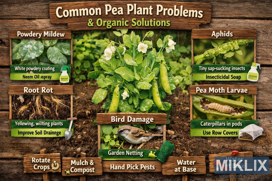 教育資訊圖表顯示了常見的豌豆植物問題，如白粉病、蚜蟲、根腐病、豌豆蛾幼蟲和鳥類損害，以及有機園藝解決方案，如印楝油、殺蟲皂、行覆蓋物和園藝網。
