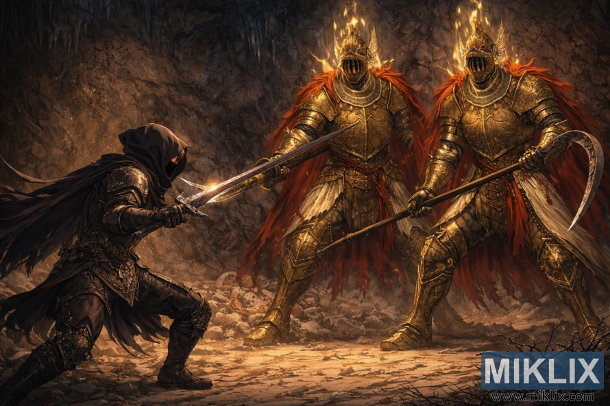 Anime-stil fan art of the Tarnished in Black Knife oklop bori dva jednako visoka Cleanrot vitezova sa kopljem i srpom unutar napuštene pećine iz Elden Ring.