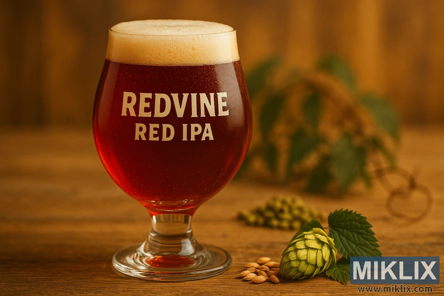 लाकडी टेबलावर लाल रंगात चमकणारा रेडवाइन रेड आयपीएचा ट्यूलिप ग्लास. लाकडी टेबलावर लाल रंगात चमकणारा रेडवाइन रेड आयपीएचा ट्यूलिप ग्लास.