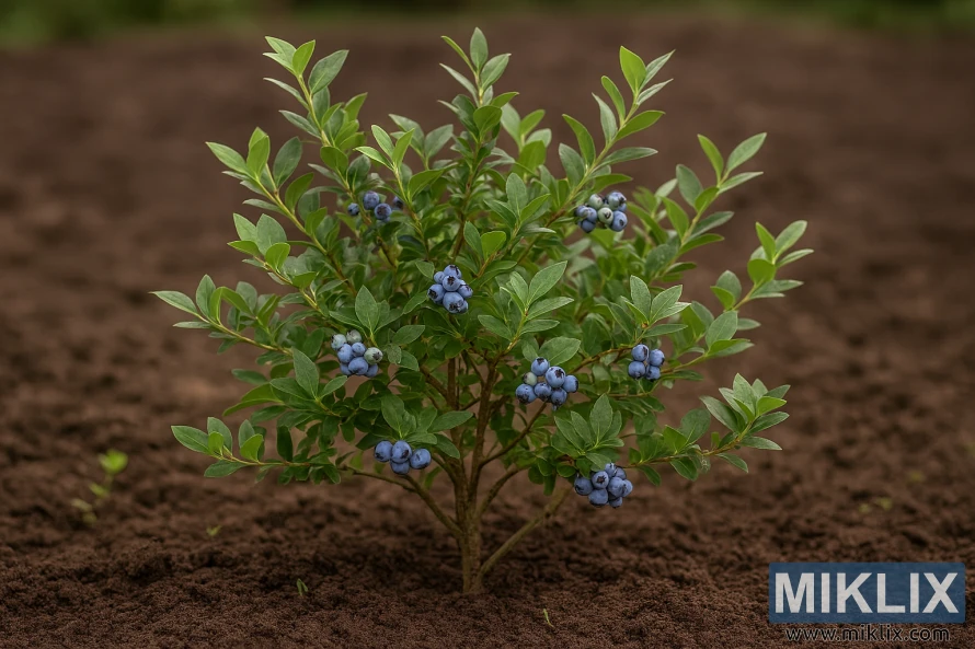 Mid-age blueberry bush with balanced growth and ripening berries in a garden bed