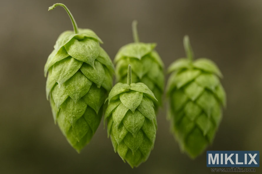 മൃദുവായ വെളിച്ചവും മങ്ങിയ മണ്ണിന്റെ പശ്ചാത്തലവുമുള്ള ഊർജ്ജസ്വലമായ പച്ച സൊറാച്ചി ഏസ് ഹോപ്പ് കോണുകളുടെ ക്ലോസ്-അപ്പ്.