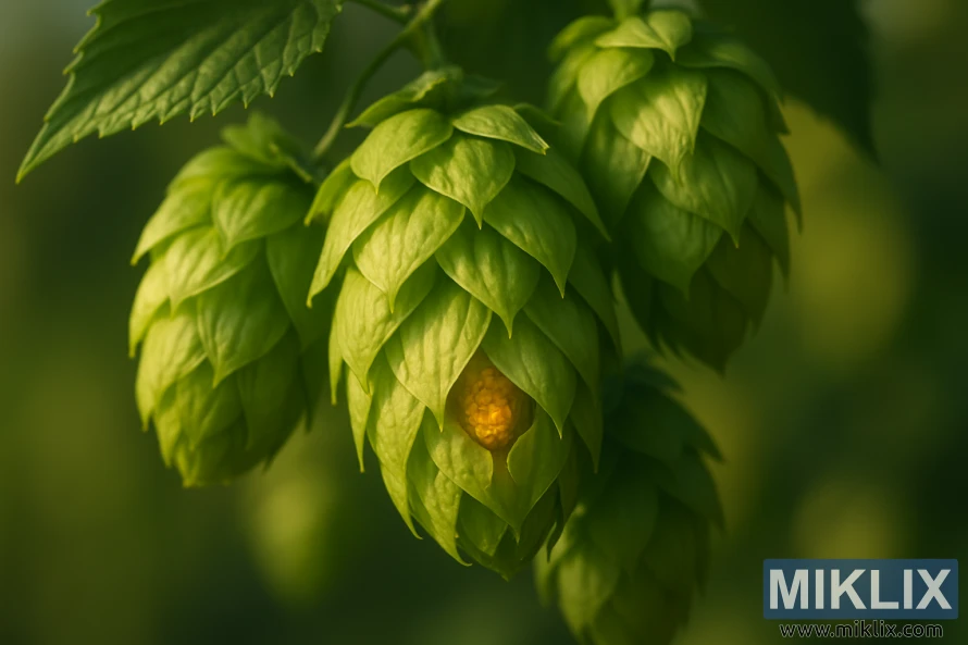 Bližnji posnetek živahnih zelenih storžev hmelja Newport z zlatim lupulinom, vidnim v notranjosti.