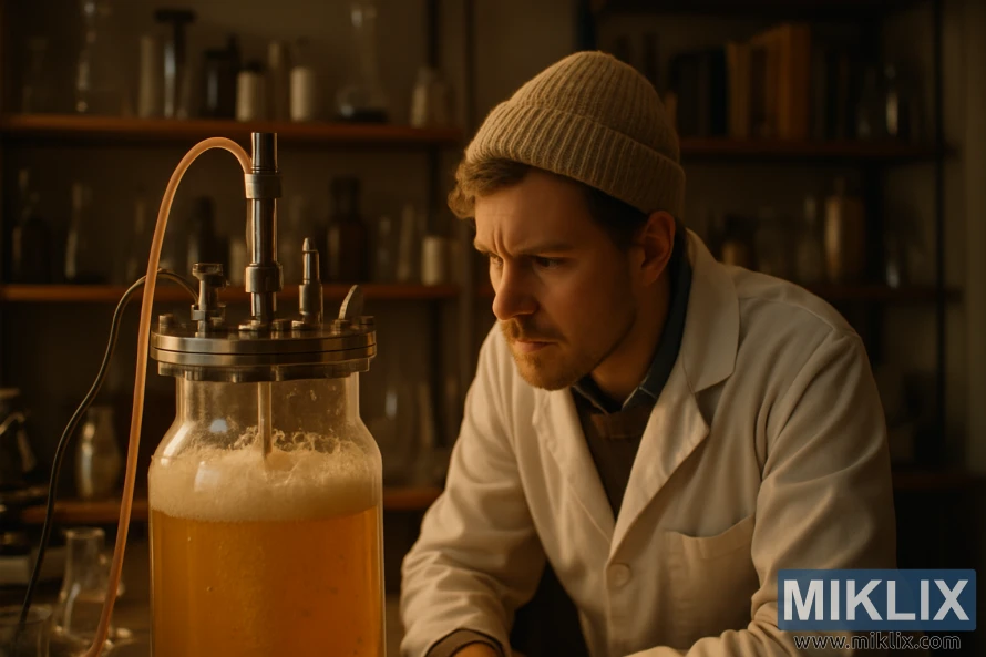 Texnik isti, yumşaq yanan laboratoriyada qaynayan fermentatoru yaxından öyrənir. Texnik isti, yumşaq yanan laboratoriyada qaynayan fermentatoru yaxından öyrənir.