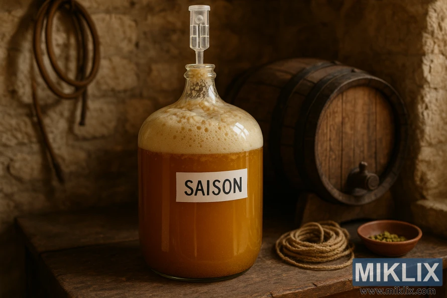 A glass carboy filled with fermenting Saison beer sits on a wooden table in a rustic French homebrewing room with warm natural light. A glass carboy filled with fermenting Saison beer sits on a wooden table in a rustic French homebrewing room with warm natural light.