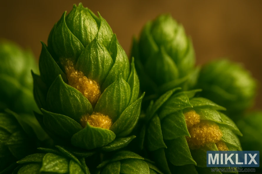Makronærbilde av ferske mosaikkhumlekjegler med gule lupulinkjertler i varmt gyllent lys. Makronærbilde av ferske mosaikkhumlekjegler med gule lupulinkjertler i varmt gyllent lys.