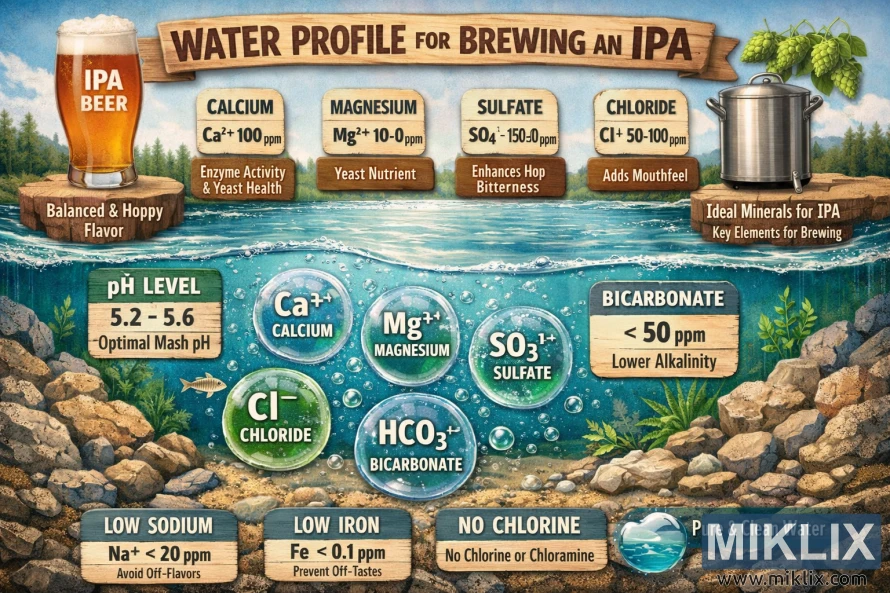 Детална инфографика што го прикажува идеалниот воден профил за подготовка на IPA, со минерали, нивоа на pH и белешки за подготовка прикажани над и под линијата на водата. Детална инфографика што го прикажува идеалниот воден профил за подготовка на IPA, со минерали, нивоа на pH и белешки за подготовка прикажани над и под линијата на водата.