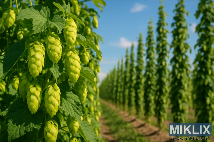 Hmeljni storži Kitamidori visijo z visokih trt na svetlem, sončnem polju.