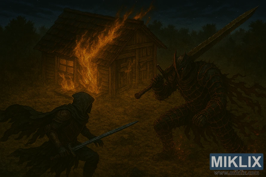 Dark fantasy battle between Tarnished in Black Knife armor and Bell Bearing Hunter with rusted sword Dark fantasy battle between Tarnished in Black Knife armor and Bell Bearing Hunter with rusted sword