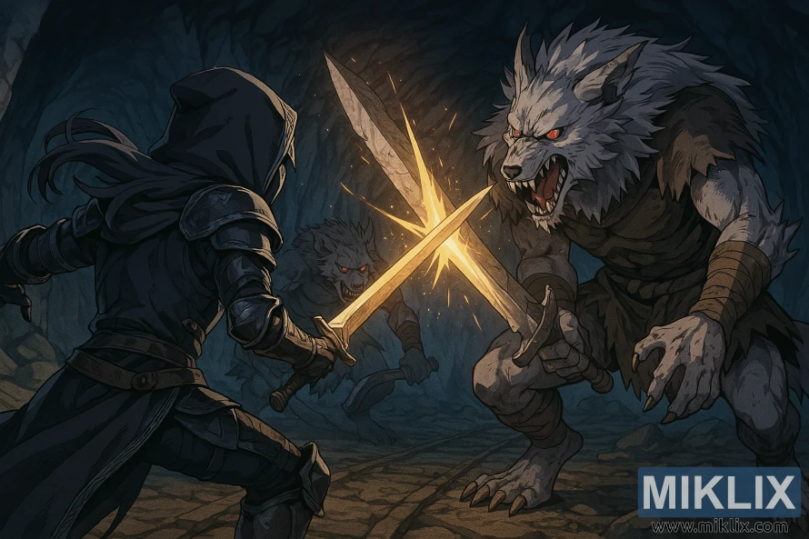 Anime-style image of the Tarnished fighting two Beastmen of Farum Azula in Dragonbarrow Cave