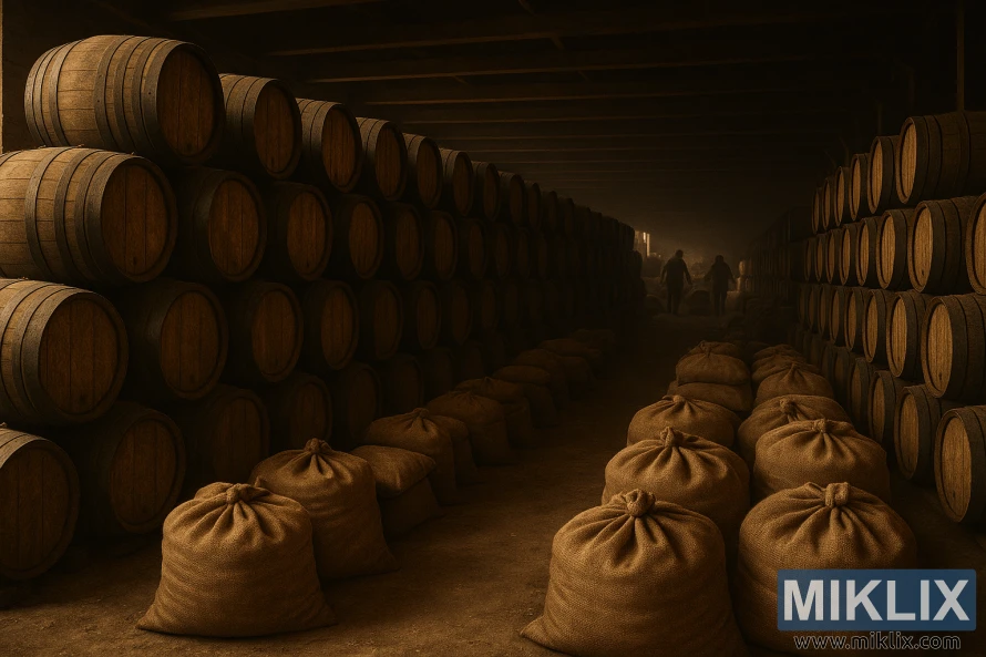 Svakt opplyst lager med rader med trefat og jutesekker som lagrer mild ale-malt under gyllent lys.