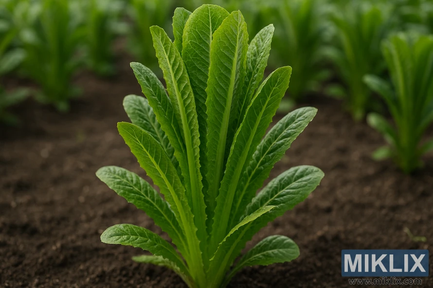 Close-up of upright romaine lettuce with elongated green leaves growing in rich garden soil