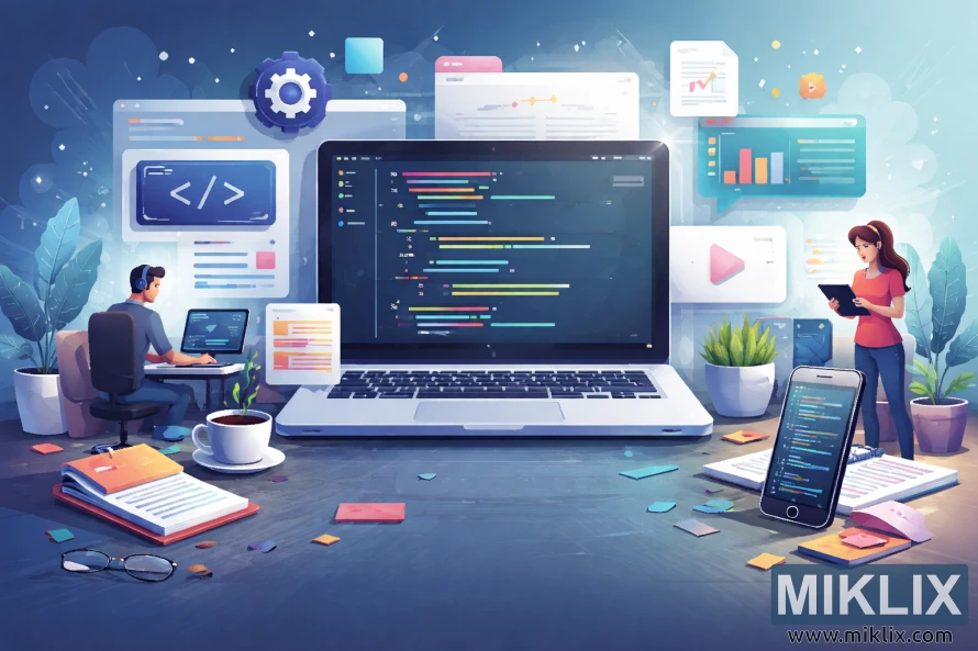 Zane na wurin aiki na zamani na haɓaka software tare da kwamfutar tafi-da-gidanka mai nuna lambar kwamfuta, masu haɓakawa waɗanda ke aiki tare da na'urorin dijital, da abubuwan haɗin yanar gizo masu iyo a cikin yanayin fasaha mai ƙarfi.