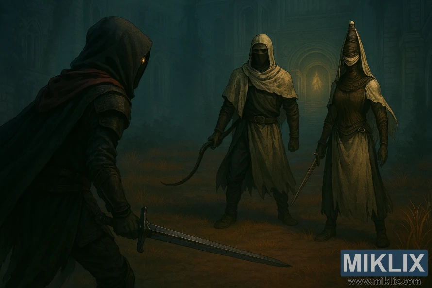 Realistic fantasy art of the Tarnished in Black Knife armor confronting Nox Swordstress and Nox Monk in Sellia Town of Sorcery Realistic fantasy art of the Tarnished in Black Knife armor confronting Nox Swordstress and Nox Monk in Sellia Town of Sorcery