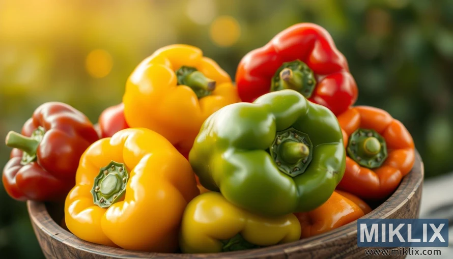 Nahaufnahme von roten, gelben und grünen Paprikaschoten in einer rustikalen Holzschale unter warmem, sanftem Licht. Nahaufnahme von roten, gelben und grünen Paprikaschoten in einer rustikalen Holzschale unter warmem, sanftem Licht.