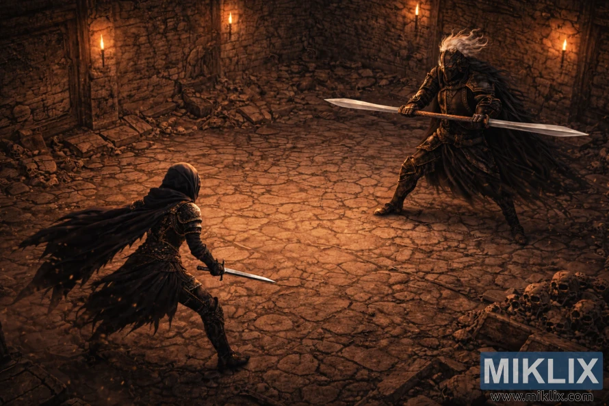 Isometric anime-style view of the Tarnished facing a taller Black Knight Edredd wielding a long double-ended sword in a ruined stone chamber