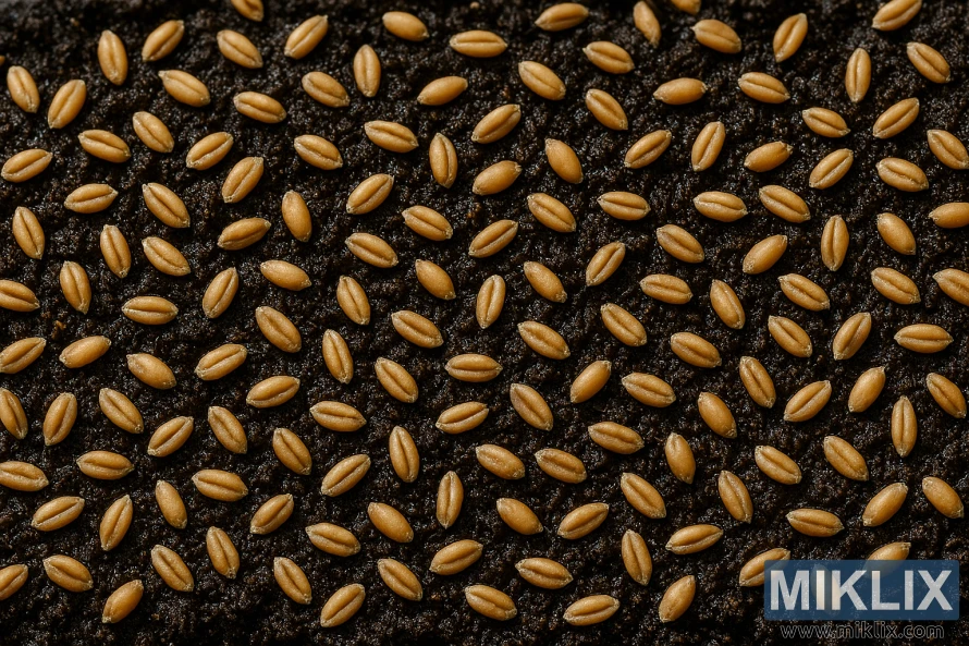 Evenly spread wheat seeds on dark, moist soil in a high-resolution landscape photo Evenly spread wheat seeds on dark, moist soil in a high-resolution landscape photo