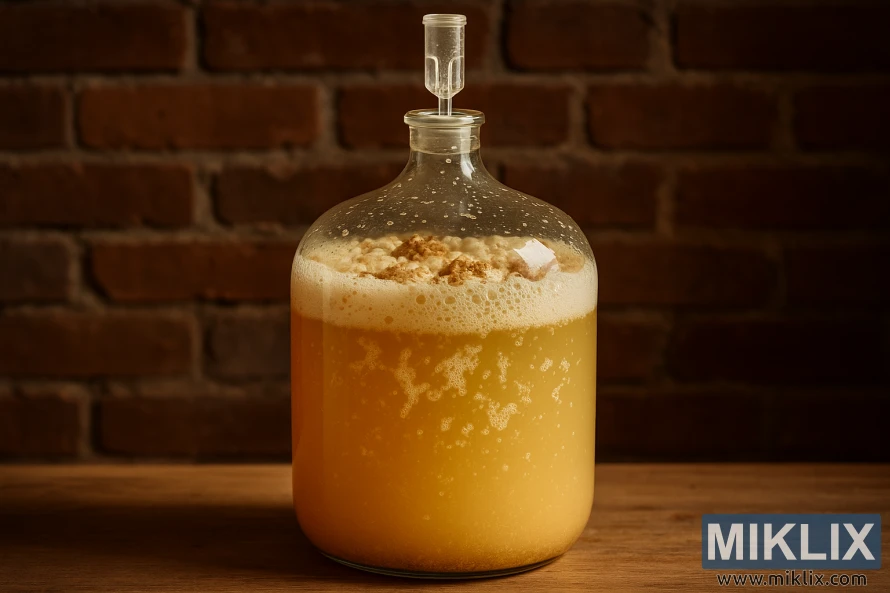 A glass fermentation vessel filled with cloudy golden hefeweizen beer actively fermenting with foam and bubbles under warm lighting. A glass fermentation vessel filled with cloudy golden hefeweizen beer actively fermenting with foam and bubbles under warm lighting.