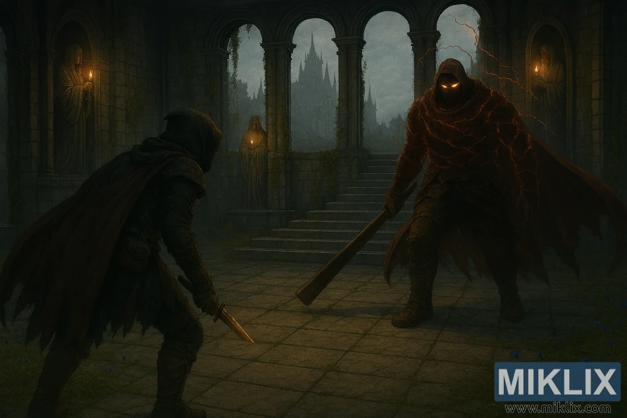 Sanaa ya mashabiki wa Elden Ring yenye uhalisia nusu inayoonyesha silaha ya kisu cheusi iliyochafuliwa ikimkabili mwindaji anayebeba kengele katika mwonekano wa juu wa isometric wa Kanisa la Viapo. Sanaa ya mashabiki wa Elden Ring yenye uhalisia nusu inayoonyesha silaha ya kisu cheusi iliyochafuliwa ikimkabili mwindaji anayebeba kengele katika mwonekano wa juu wa isometric wa Kanisa la Viapo.