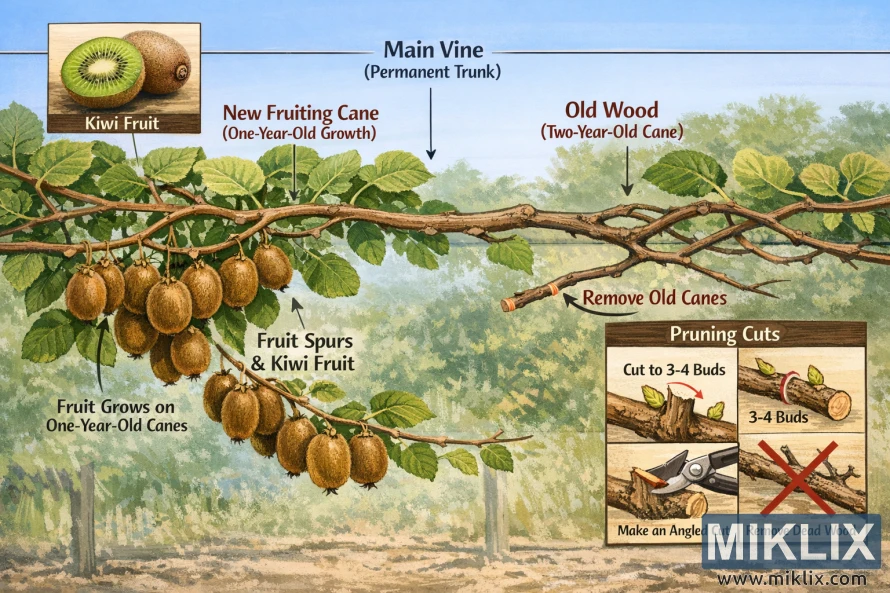 Labeled diagram showing kiwi vine structure, where fruit grows on one-year-old canes, and proper pruning cuts. Labeled diagram showing kiwi vine structure, where fruit grows on one-year-old canes, and proper pruning cuts.