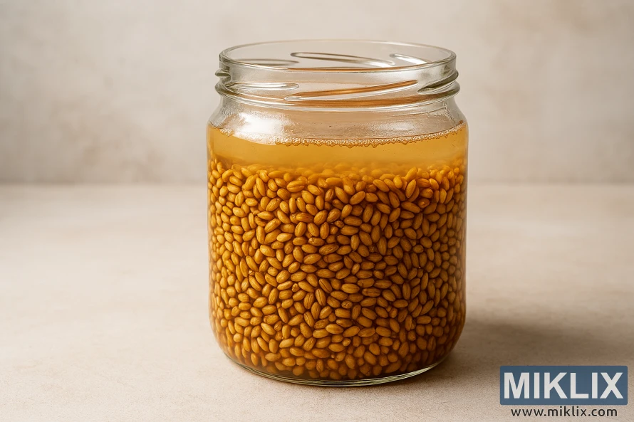Glass jar filled with soaking wheat berries on a neutral countertop Glass jar filled with soaking wheat berries on a neutral countertop