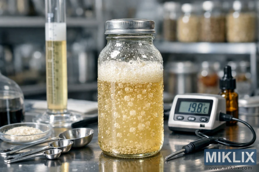 Close-up of a glass vial with bubbling lager yeast on a laboratory workbench surrounded by brewing tools under bright, clinical lighting.