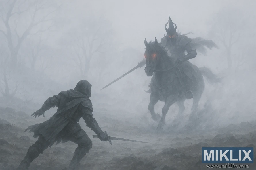 Medan perang yang berkabus di mana seorang Tarnished berhadapan dengan Pasukan Berkuda Malam yang menghampiri menunggang kuda, bayang-bayang memudar menjadi kabus pucat.