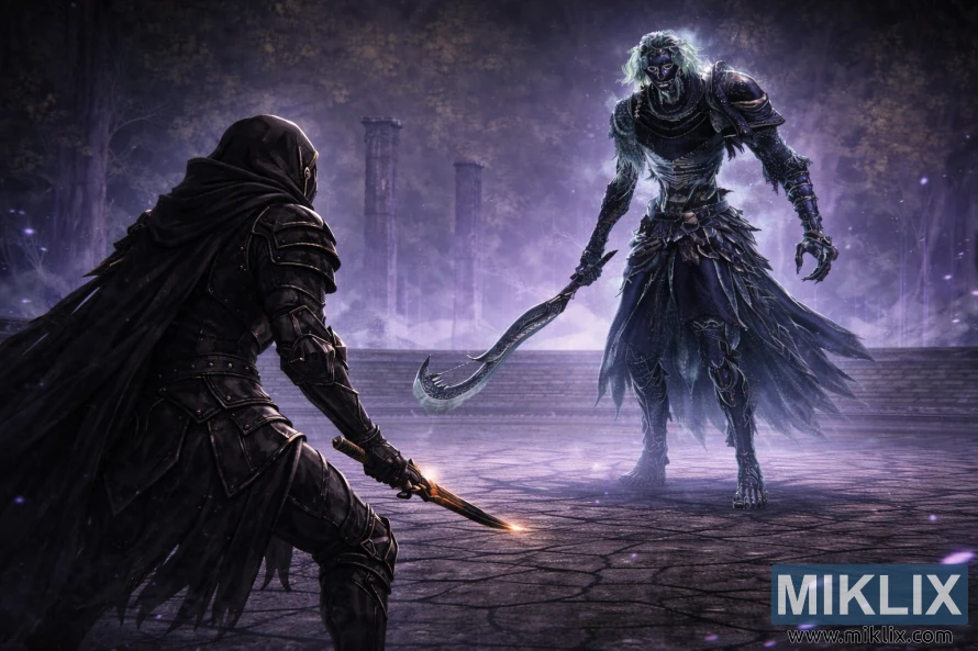 Realistic fantasy style image of the Tarnished in dark armor confronting a towering icy warrior inside a glowing magical stone arena before battle.