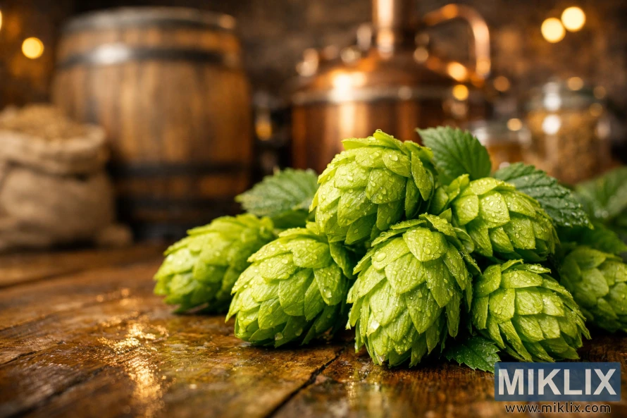 Close-up of fresh green Bitter Gold hops with dew droplets on a wooden surface, set against a softly blurred, warmly lit brewery interior with barrels and brewing equipment.